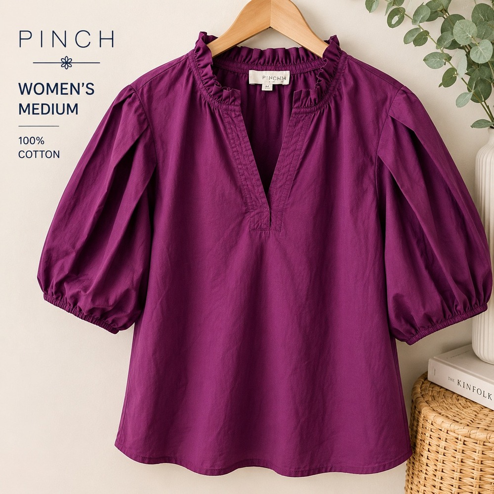PINCH Puff Sleeve Blouse Womens Medium Purple Ruffle V-Neck Cotton Poplin Top - Picture 1 of 8